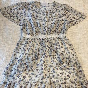 New Vine Floral w/ Lace Button Down Mini Dress | Size Large | White w/ Floral